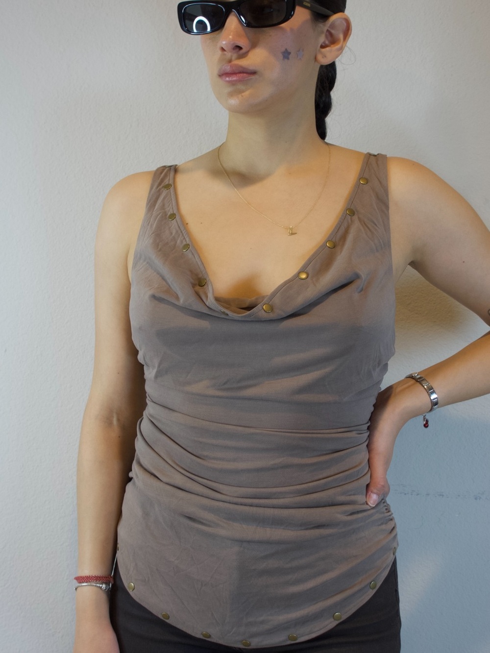 Free People Studded Cowl Neck Tank Top in Dusted Cocoa, Size M